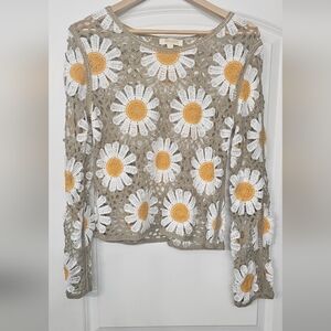 Rebellion Daisy Crochet Knit Top - White, Yellow, and Brown